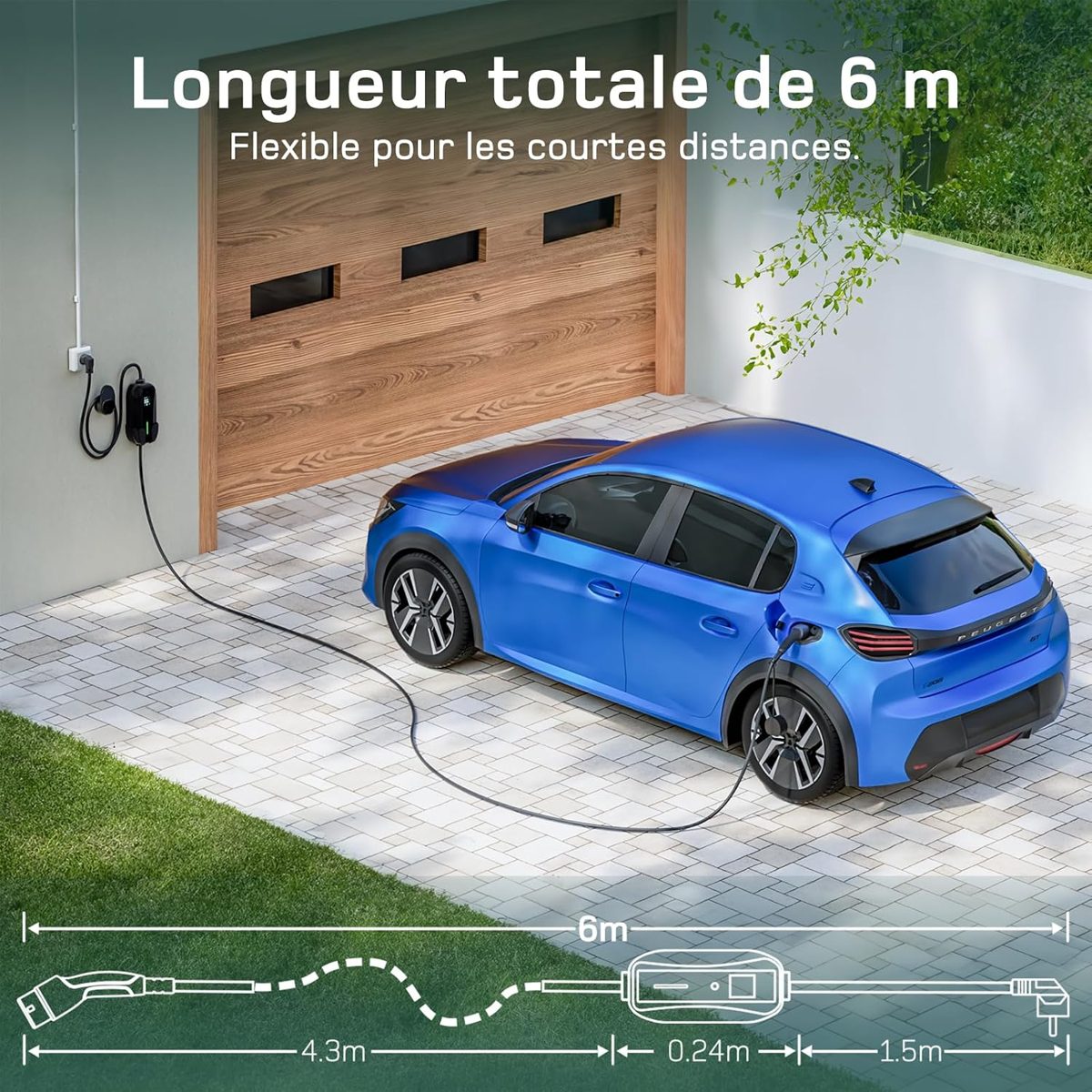 Schéma de la longueur totale de 6 mètres du câble de recharge Type 2 avec voiture électrique