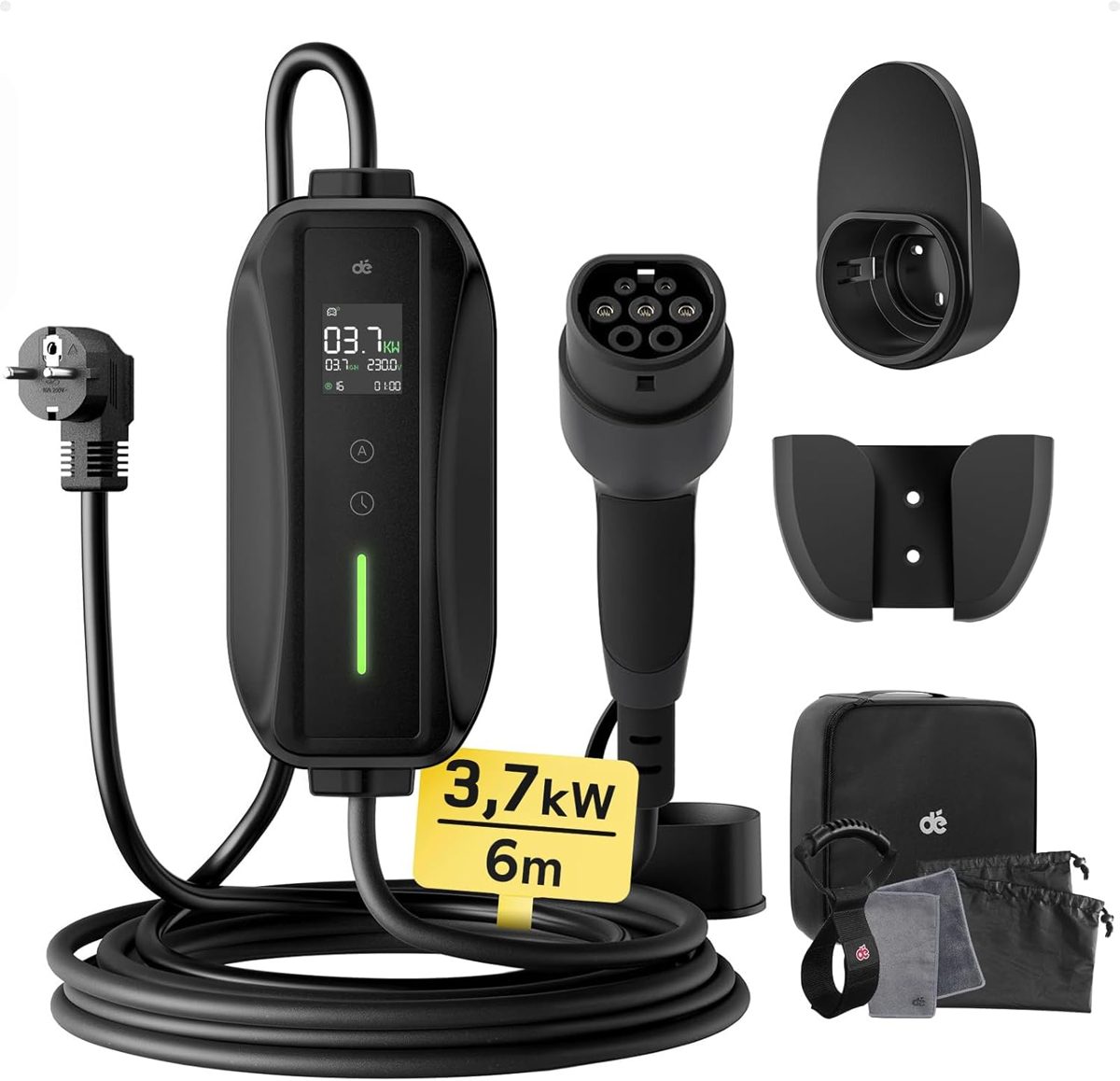 Chargeur mobile Type 2 3,7 kW noir avec câble 6 m, support mural, sacoche et cache étanche