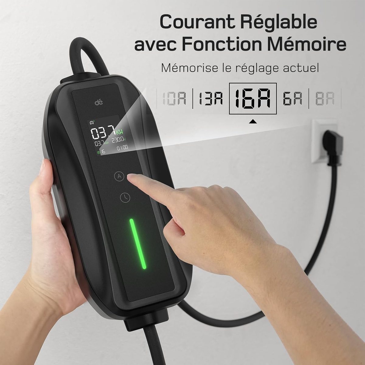 Main réglant le courant de charge sur 16 A sur le boîtier du chargeur Type 2