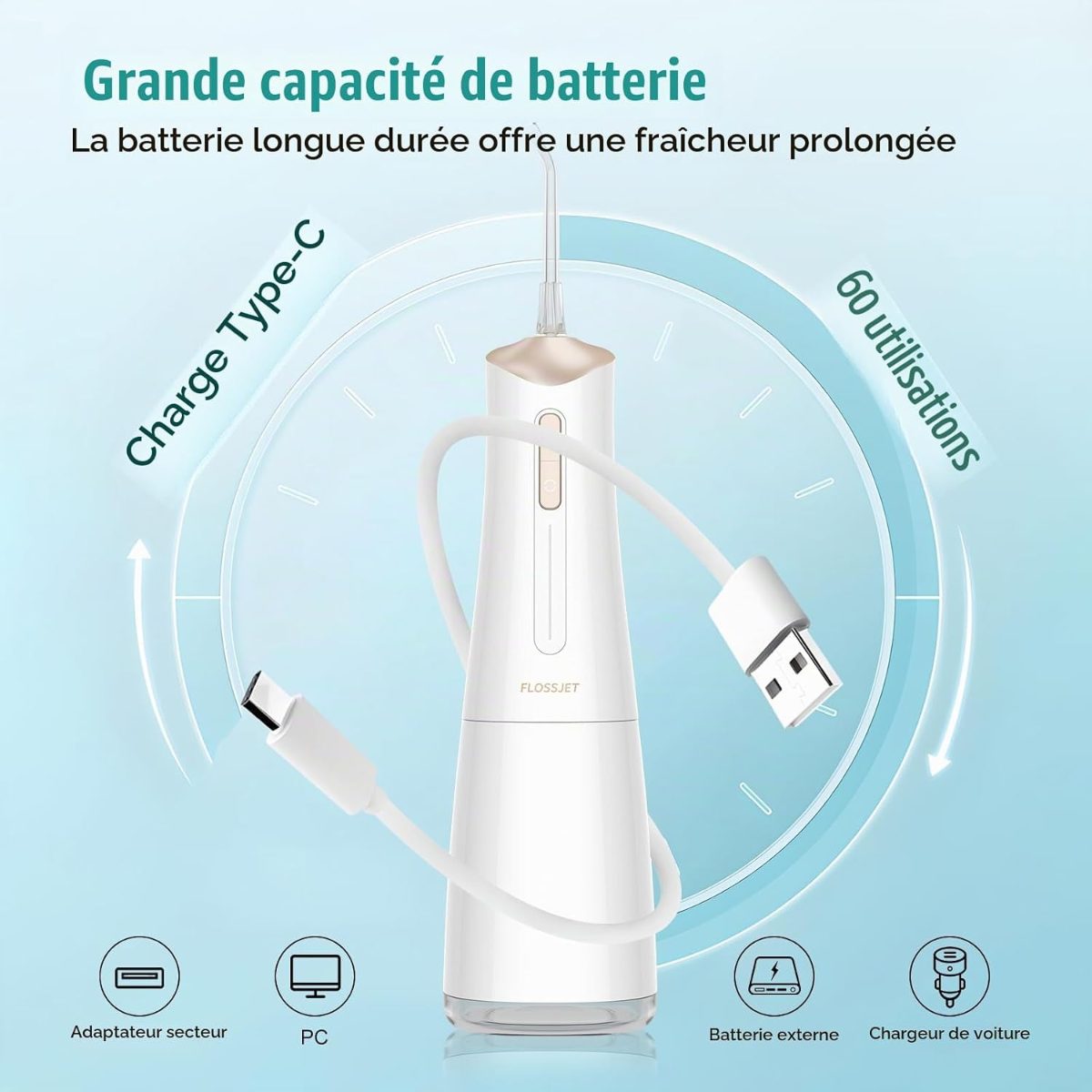 Le FlossJet et son câble USB-C, avec les quatre sources de recharge possibles : adaptateur secteur, ordinateur, batterie externe et chargeur de voiture