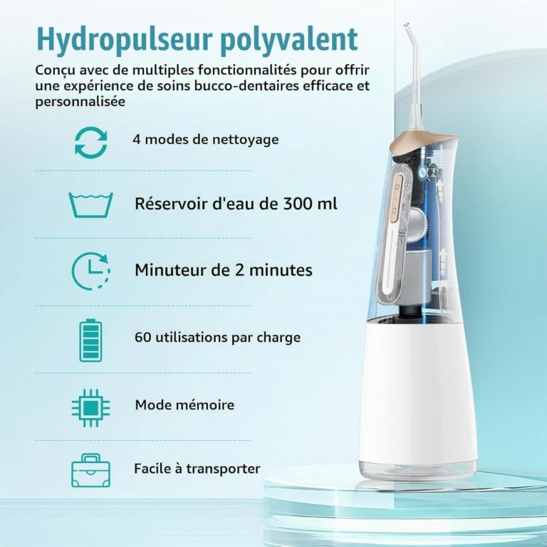 Hydropulseur FlossJet sans fil posé debout, avec le récapitulatif de ses fonctions : 4 modes, réservoir 300 ml, minuteur de 2 minutes, 60 utilisations par charge