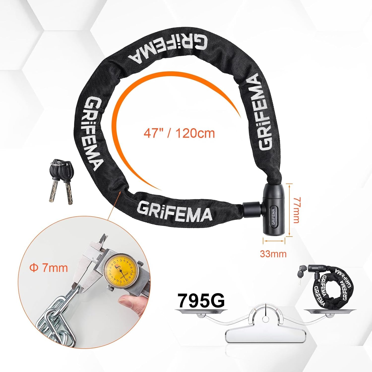 Cotes annoncées de la chaîne antivol GRIFEMA : maillon de 7 mm, 120 cm de long, 795 g, tête de 77 x 33 mm