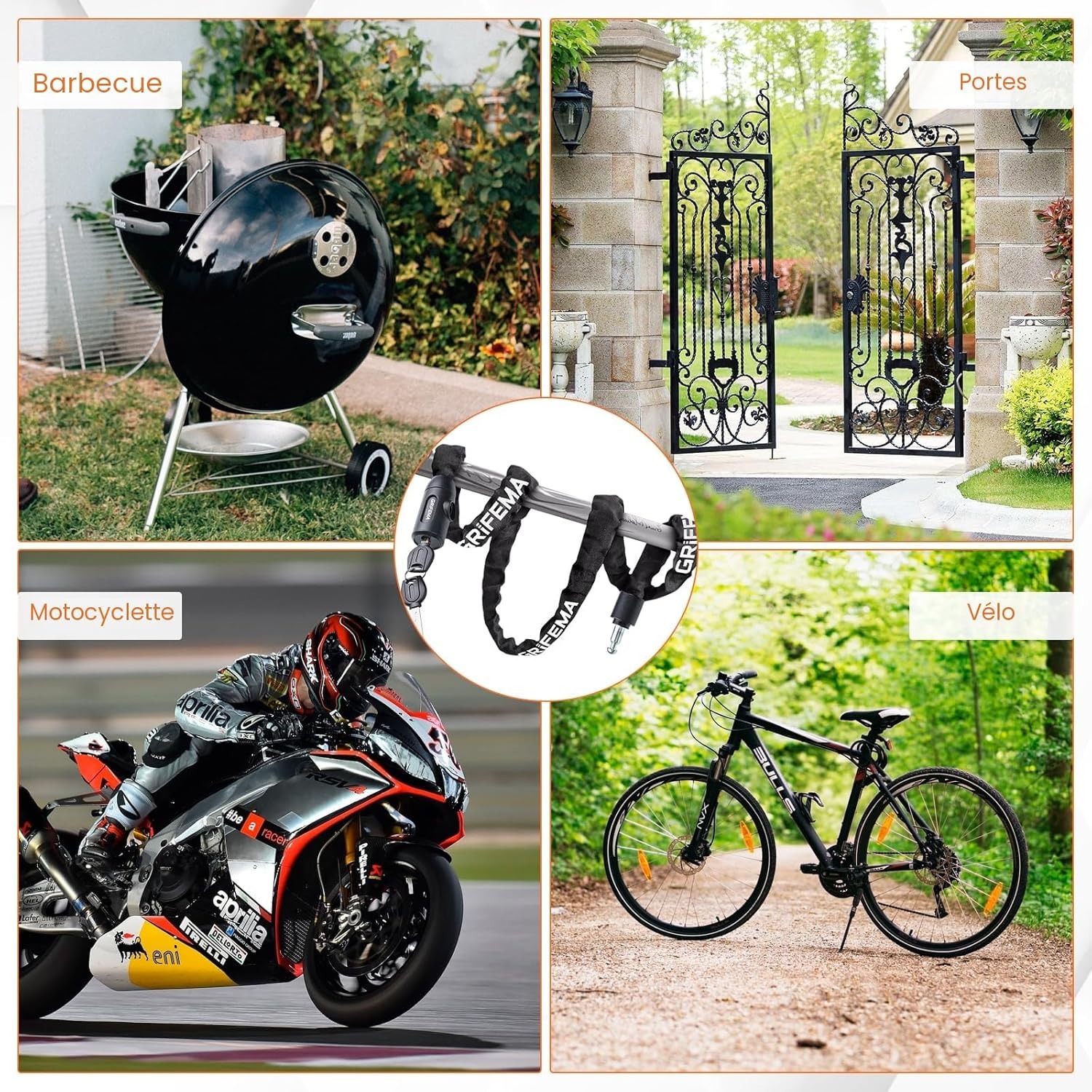 Usages illustrés de la chaîne antivol GRIFEMA : vélo, motocyclette, portail et barbecue