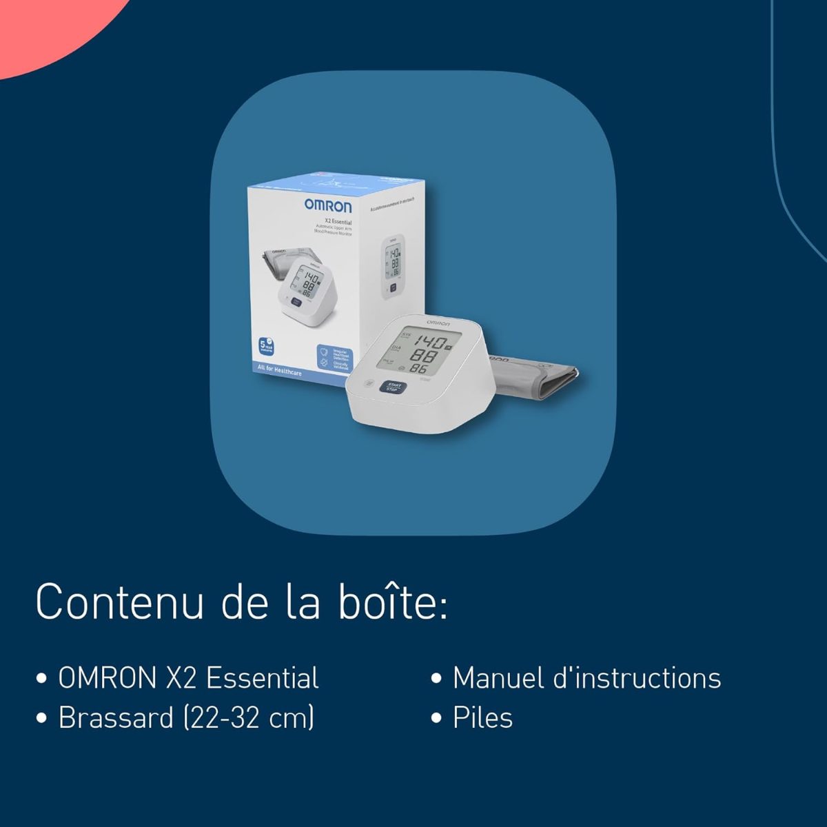 Contenu de la boîte du OMRON X2 Essential : appareil, brassard 22-32 cm, manuel d’instructions et piles