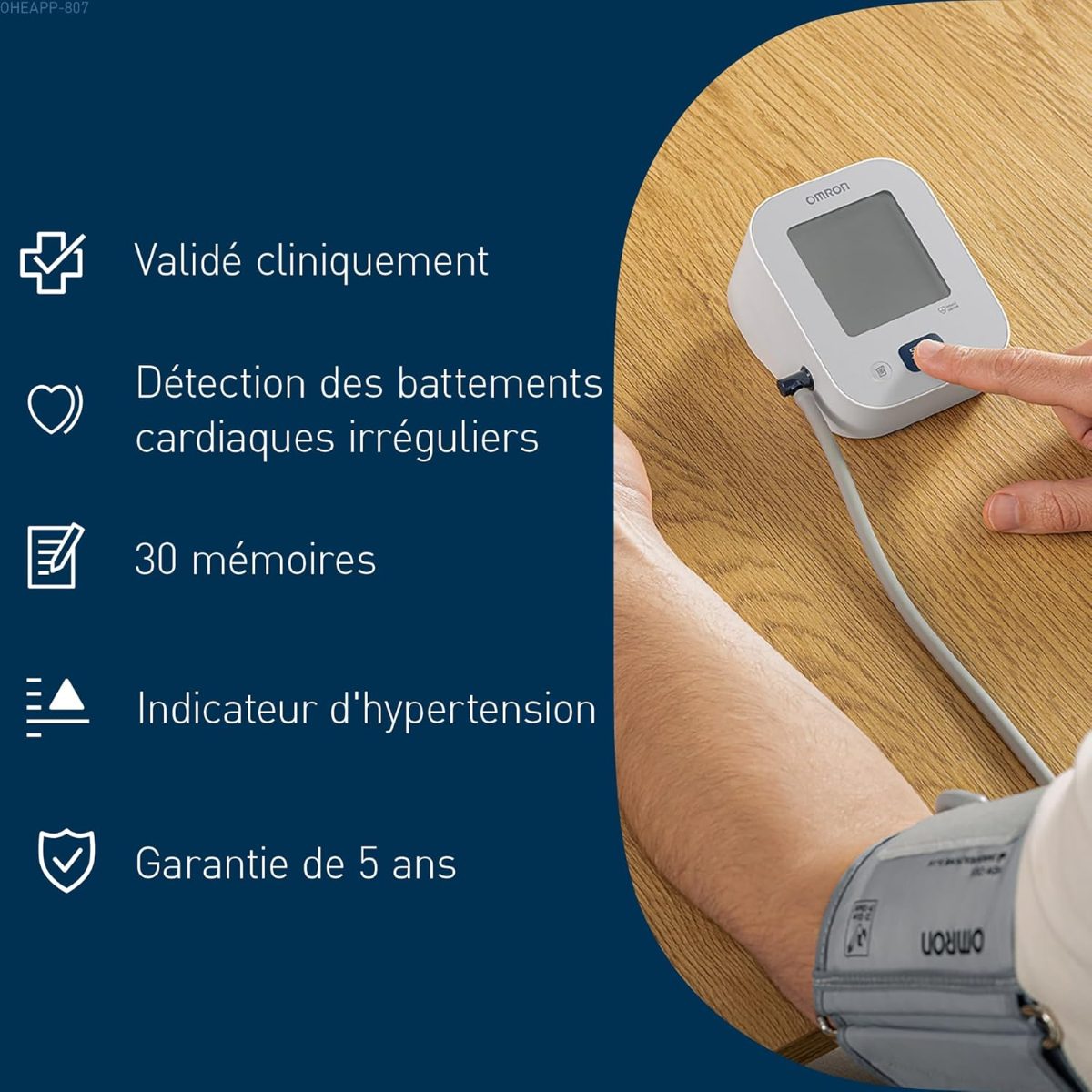 Fonctions du OMRON X2 Essential : validation clinique, détection des battements irréguliers, 30 mémoires, indicateur d’hypertension et garantie 5 ans