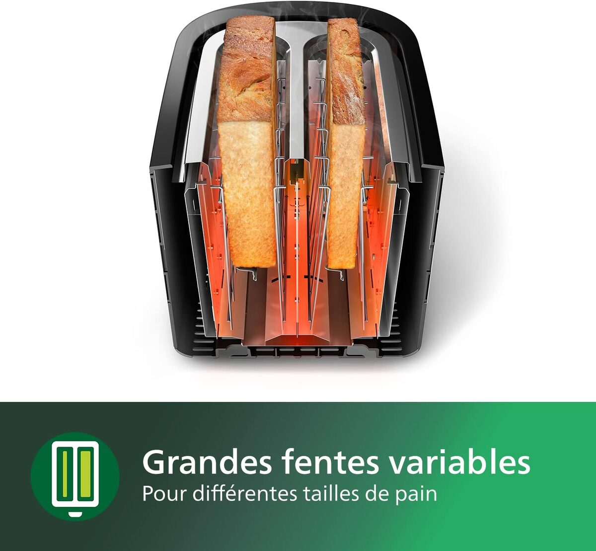 Vue de dessus des fentes larges du grille-pain Philips Daily HD2581/90 avec résistances chauffantes