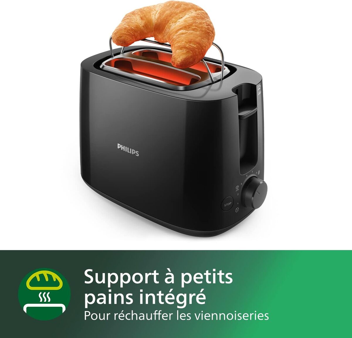 Support réchauffe-viennoiseries déployé sur le grille-pain Philips Daily HD2581/90 avec un croissant