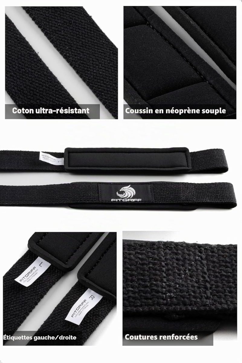 Détails des sangles de tirage : coton renforcé, rembourrage néoprène et étiquettes gauche droite