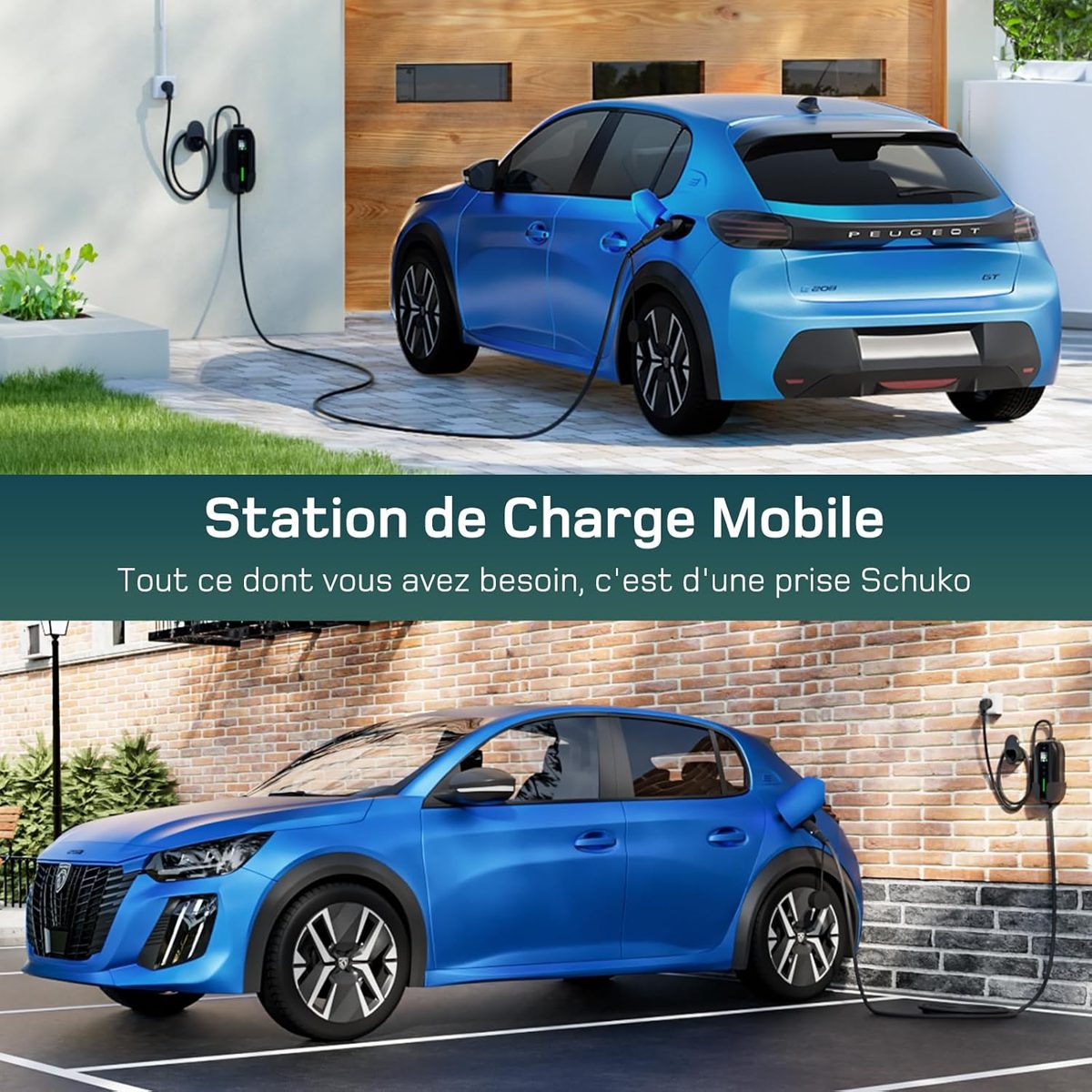 Voiture électrique bleue en charge à domicile avec un chargeur mobile Type 2 sur prise Schuko