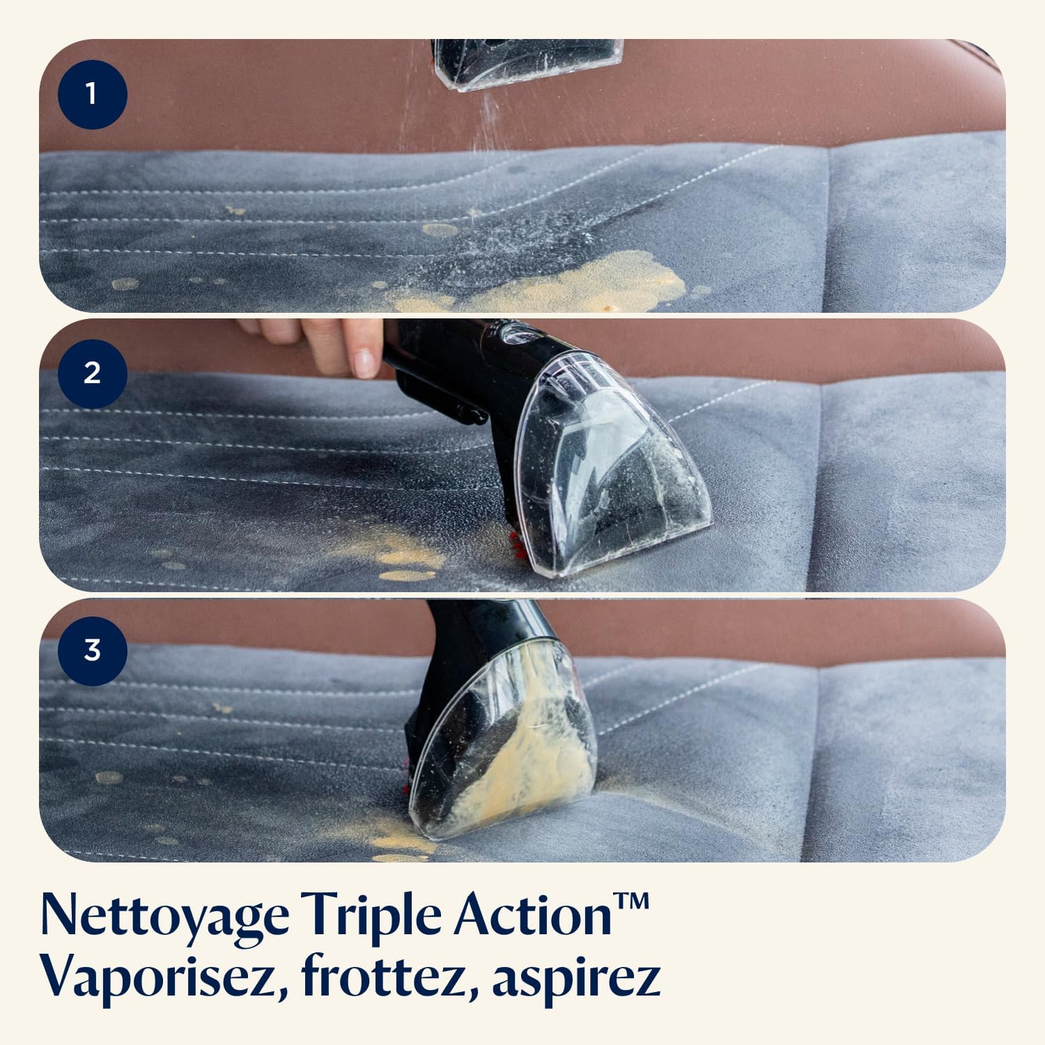 Nettoyage Triple Action sur un canapé gris : pulvérisation du produit, brossage de la fibre puis aspiration de l’eau sale avec la buse du SpotClean Pet Pro