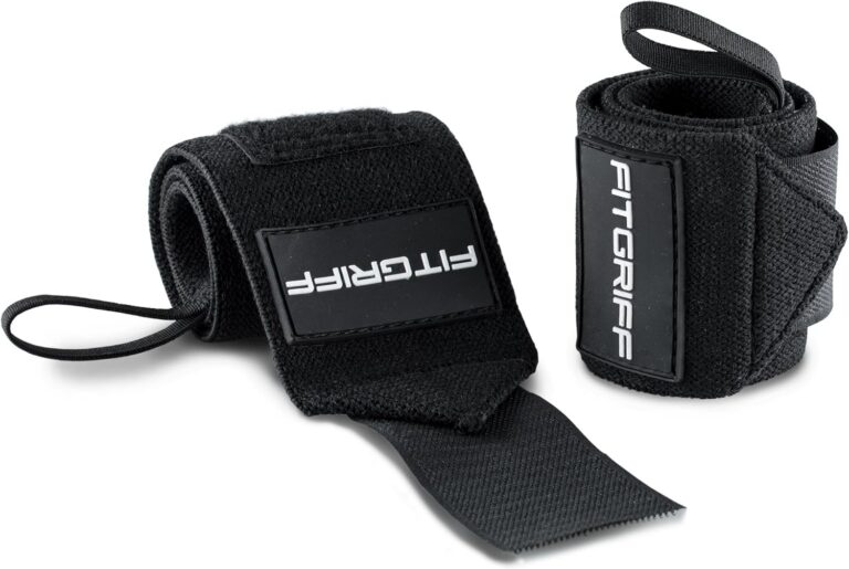 Paire de bandes de poignet Fitgriff noires pour la musculation, une roulée et une déroulée