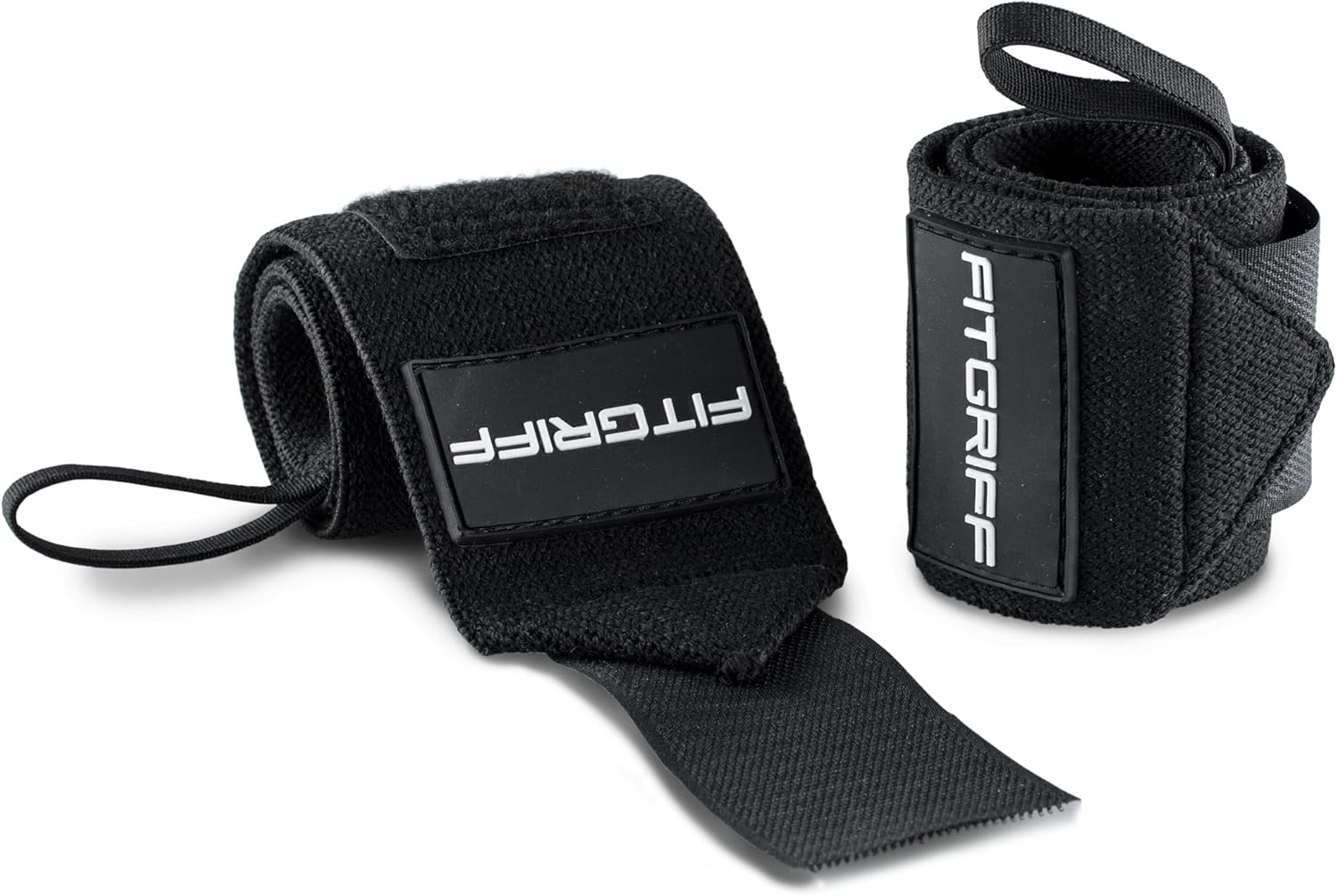 Paire de bandes de poignet Fitgriff noires pour la musculation, une roulée et une déroulée