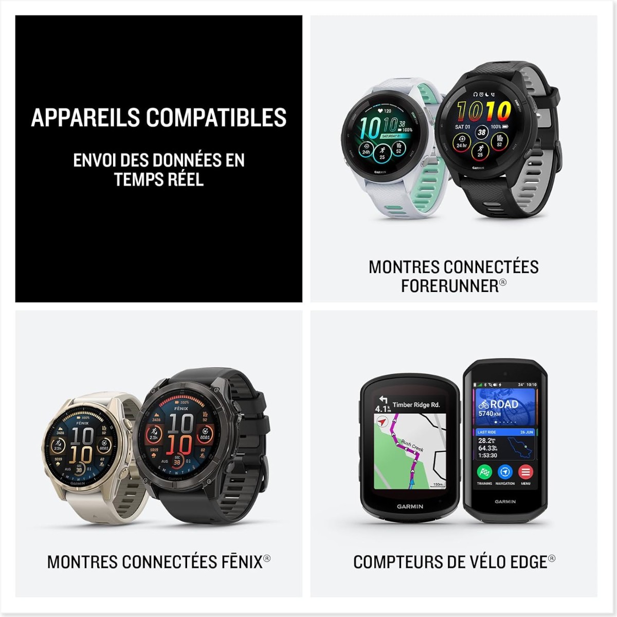 Appareils compatibles avec le Garmin HRM 200 : montres connectées Forerunner et fēnix, compteurs de vélo Edge
