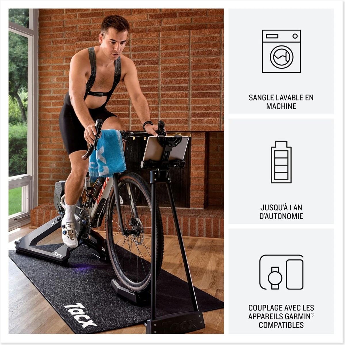 Cycliste sur home-trainer portant la ceinture HRM 200, à côté de trois encadrés : sangle lavable en machine, jusqu'à 1 an d'autonomie, couplage avec les appareils Garmin compatibles
