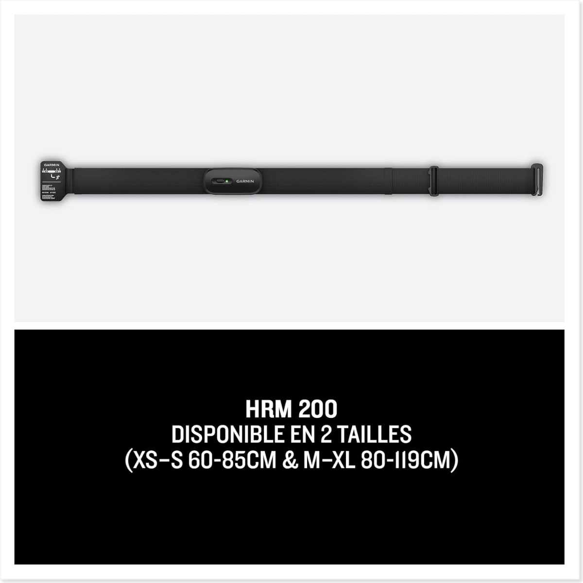 Ceinture Garmin HRM 200 dépliée au-dessus d'un bandeau annonçant deux tailles, XS-S 60-85 cm et M-XL 80-119 cm