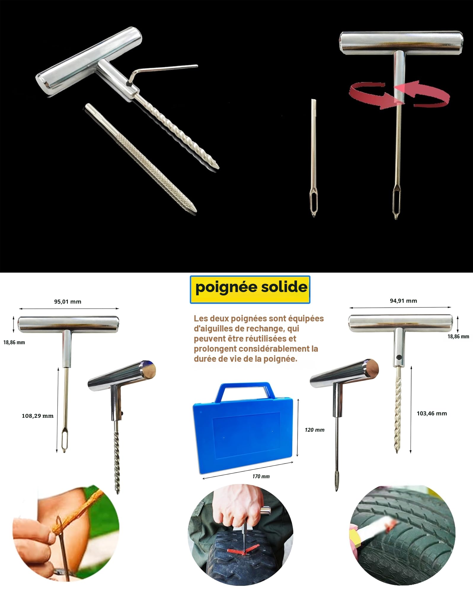 Cotes du kit de réparation de pneus HYHJMISTY : mallette 170 x 120 mm