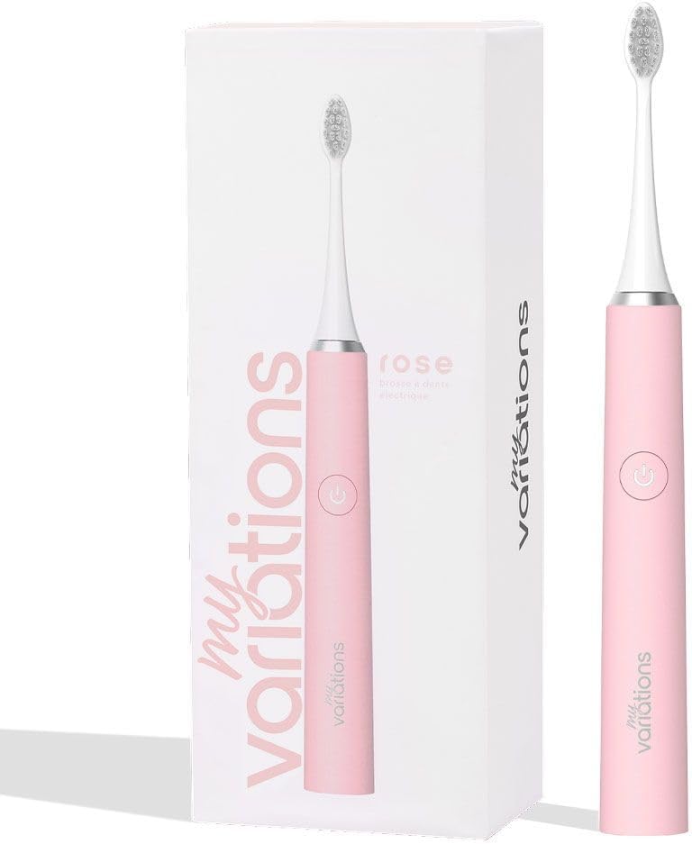 Packshot de la brosse à dents électrique sonique MyVariations coloris rose posée devant sa boîte