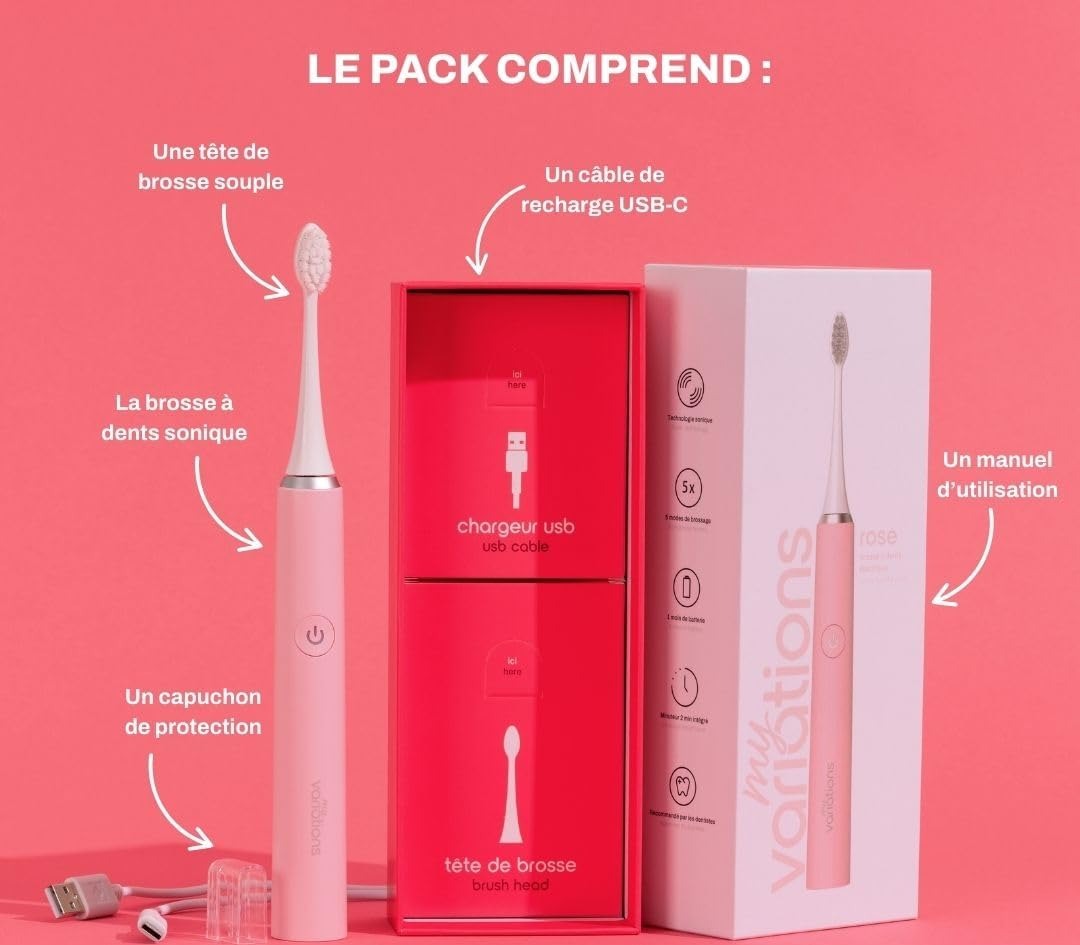 Contenu de la boîte MyVariations : la brosse sonique, une tête souple, un câble de recharge USB-C, un capuchon de protection et un manuel