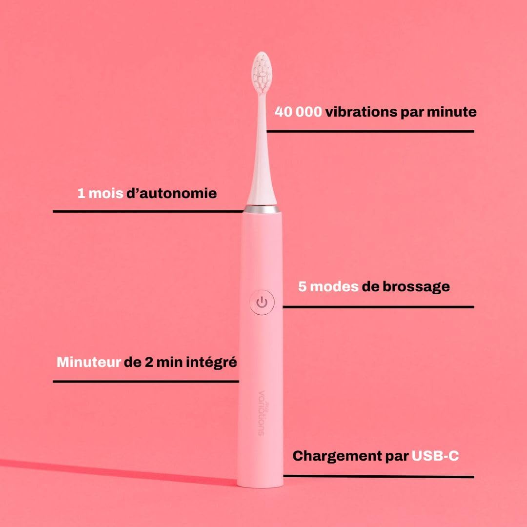 Visuel MyVariations sonique : 40000 vibrations par minute, 1 mois d'autonomie, 5 modes de brossage, minuteur de 2 min et chargement USB-C