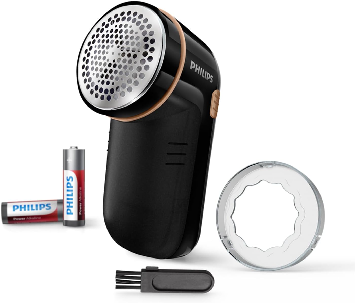 Contenu de la boîte du Philips GC026/80 : rasoir, 2 piles AA, protecteur pour tissus délicats et brosse de nettoyage
