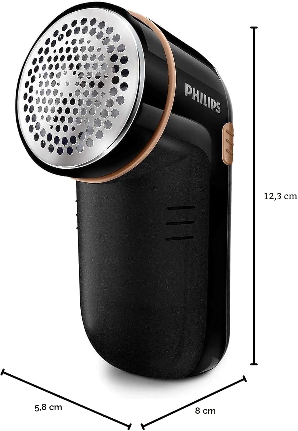Dimensions du rasoir anti-bouloche Philips GC026/80 : 12,3 cm de hauteur, 8 cm de profondeur et 5,8 cm de largeur