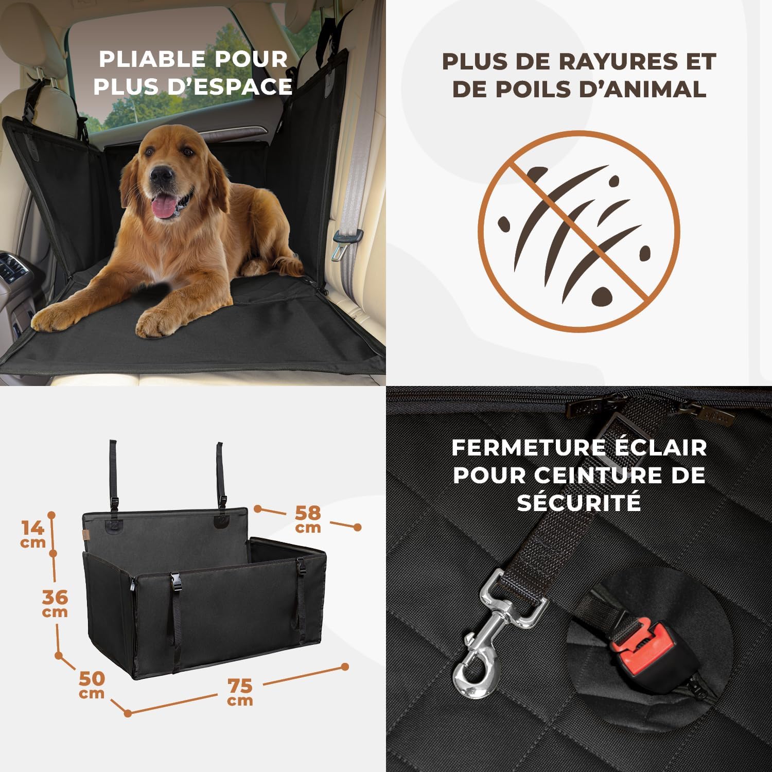 Cotes du siège auto chien WUGLO taille L : base de 75 sur 50 cm, parois de 36 cm et dosseret de 14 cm, et fermeture éclair pour la ceinture de sécurité